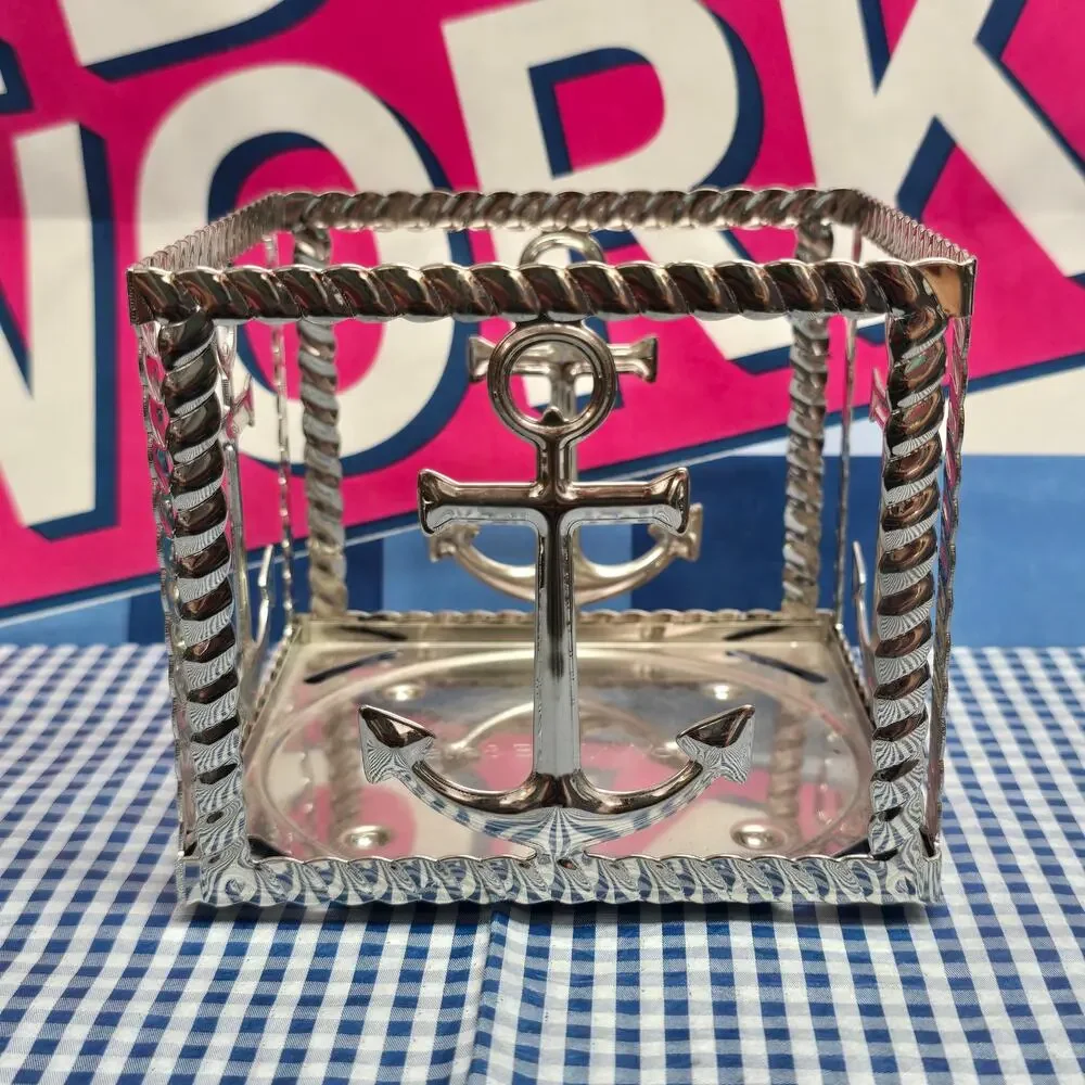 BBW Silver Anchor Nautical Coastal Metal Large 3 Wick Candle Holder